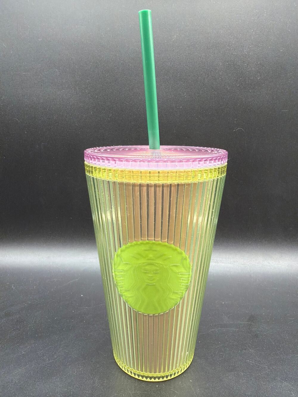 Starbucks Iridescent Neon Green Pink Ribbed Cold Cup Tumbler 16oz Straw NWT